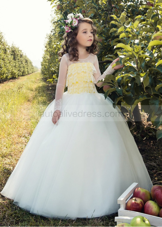 Sheer Long Sleeves Lace Tulle Corset Back Floor Length Flower Girl Dress